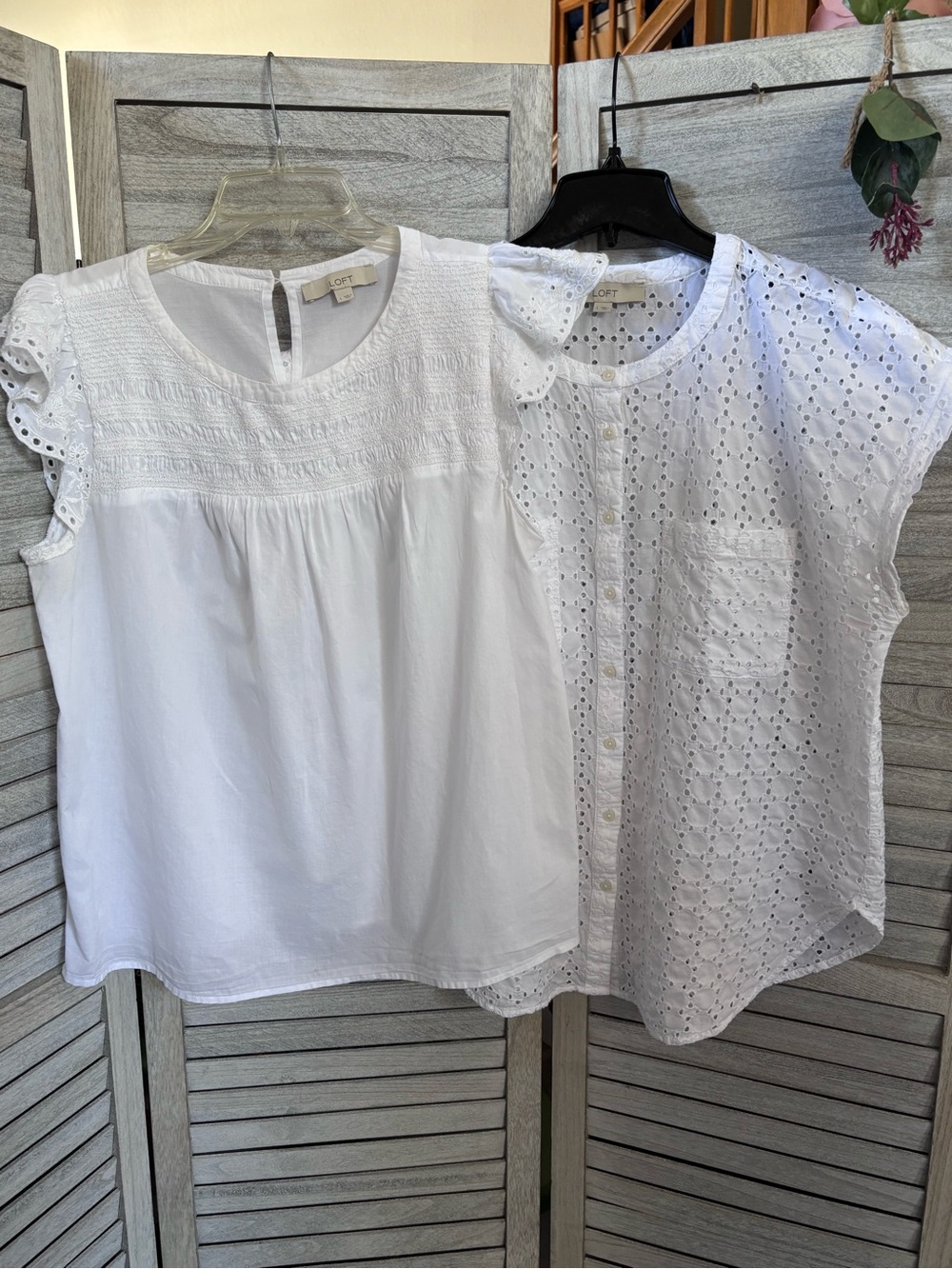 LOT OF 2 LOFT White 100% Cotton SZ LG Summer Blouses: Eyelet & a Flutter Sleeve